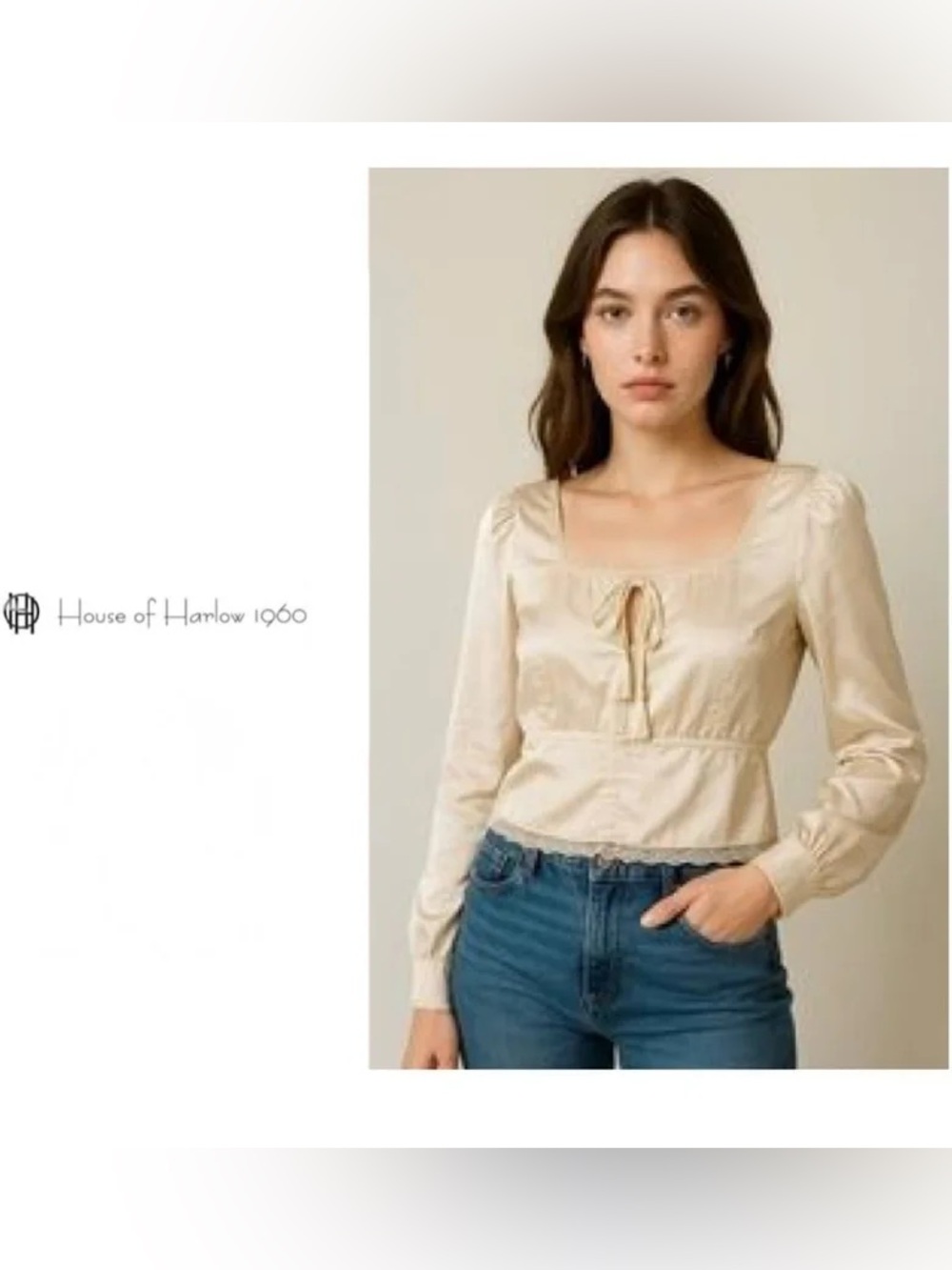 House of Harlow 1960 Cream Square-Neck Tie-Front Blouse